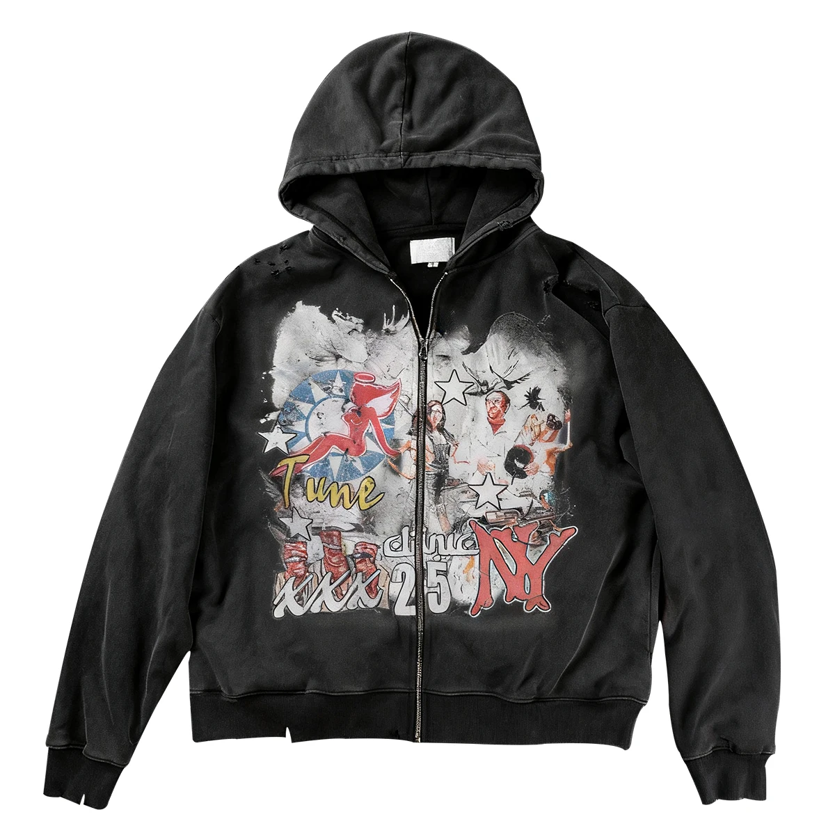 product 400gsm mens vintage acid wash zip up oversized hoodie manufacturers heavyweight digital printing and ribbed cuffs design-2