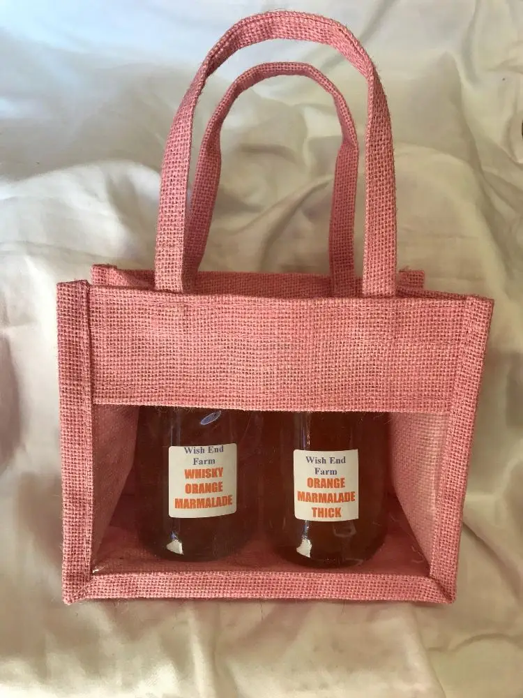 Burlap pink or purple window jute wine gift bag with jute handles