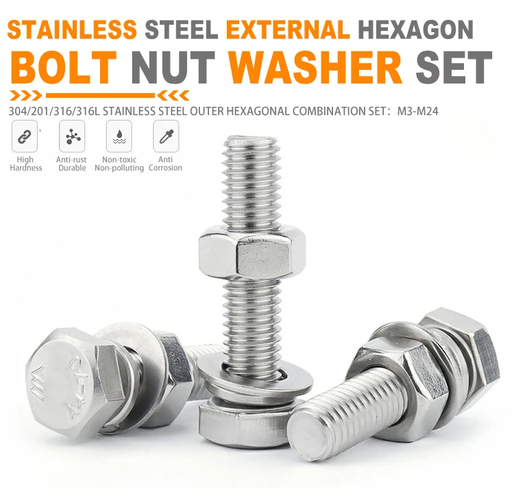 Factory Stainless Steel Nuts Bolts And Washer Set Outer Hexagon Bolt M