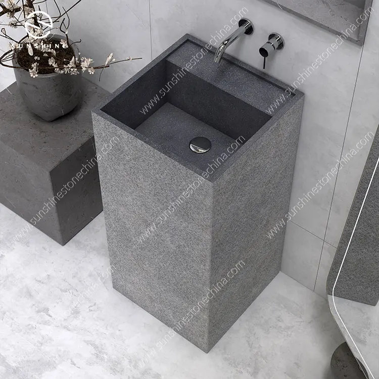 Custom Size Shanxi Black Granite Free Standing Sink Square Stone Pedestal Sinks