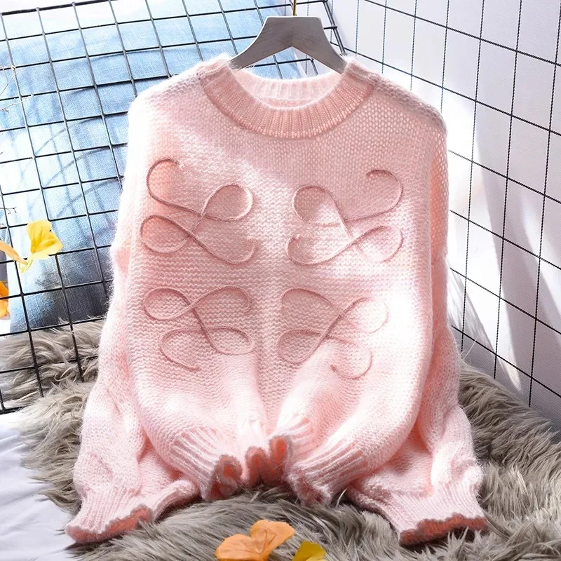 Women's 2024 Fall Casual Fall Waffle Knit Sweater Long Balloon Sleeve Loose Pullover Jumper