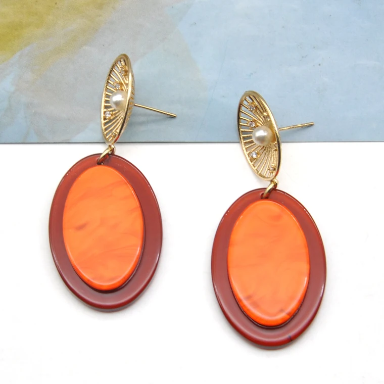 New trending bright orange acrylic ear jewelry for women gold plated stud earrings