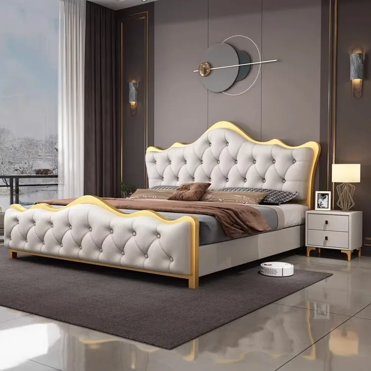 Luxury King Size Modern Leather Bed with Gold Stainless Steel Frame High Double Bed Upholstered Leather Headboard