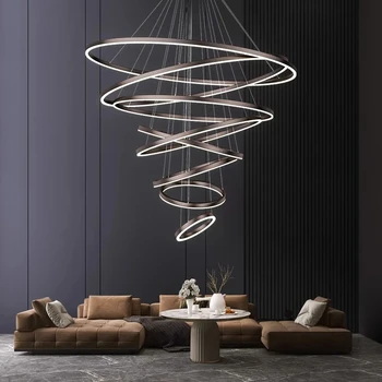 Big Modern Hotel Lobby Living Room Staircase High Ceiling Circle Hang Pendant Light Round Black Led Ring Chandelier