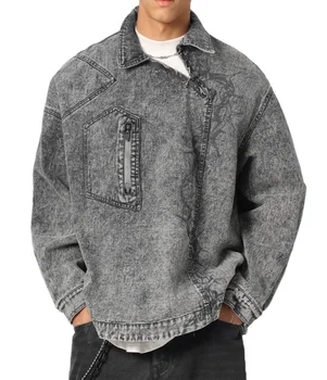 denim manufacturer Vintage Washed Zipper Pullover Streetwear Silk Screen Print Custom All Hiphop Men's Denim Jcaket