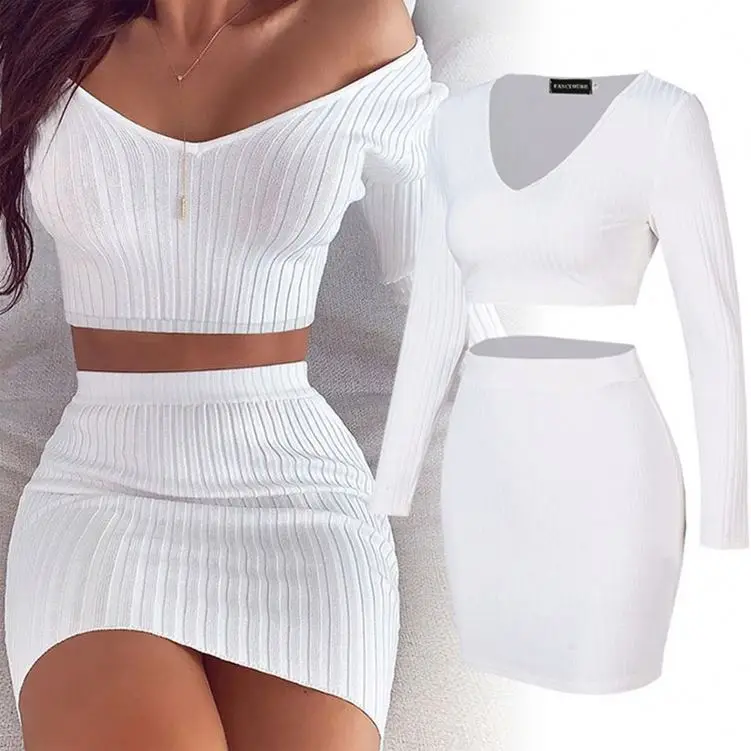 2 Piece Set Women Knitted Suit Long Sleeve Shoulder Two Piece Set Crop Top And Skirt Neck Female Outfits Ladies Party Dress
