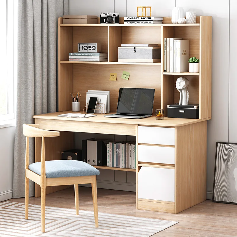 Modern Sturdy Wood Computer Desk Writing Desk Table with Bookshelves Drawers for Home Office