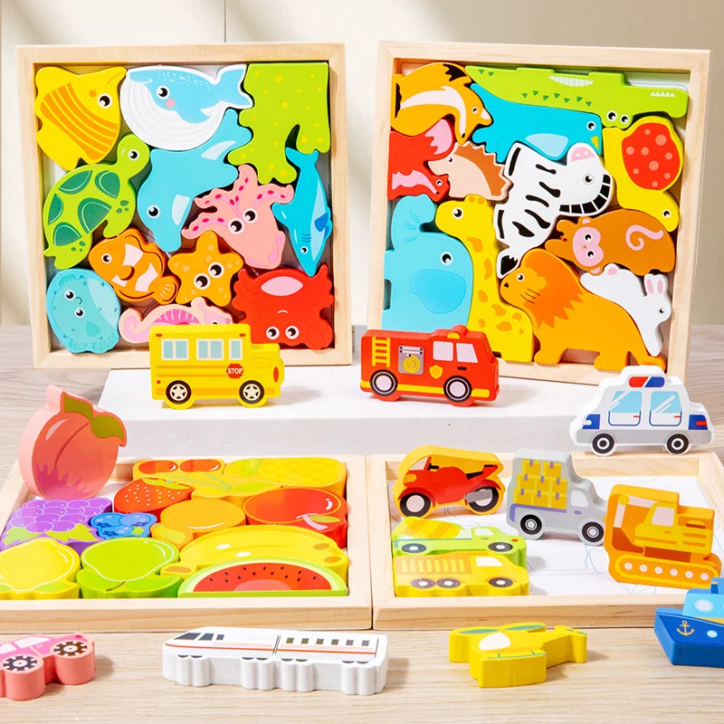 3d Wooden Puzzles Cartoon Animals Kids Cognitive Jigsaw Puzzle Wooden Toys For Children Baby