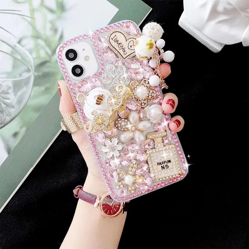 Luxury Cell Protective Cover Rhinestone pumpkin flower heart Mobile Phone Case for iPhone 15 Samsung S24