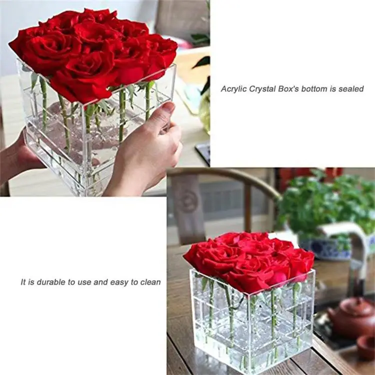 Acrylic Transparent Transparency Organic Glass Preserved Fancy Rose Flower Display Gift Acrylic Rose Flower Box with Lid