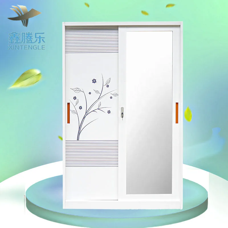 Guangzhou Foshan Factory White Bedroom Closet Furniture Printed Sliding Door Metal Steel Wardrobe for Home Clothes Storage