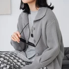 Knitted Girl's Rib Polo Collar Off-shoulder Long Sleeve Casual Knitted Color Solid Cardigan Sweater