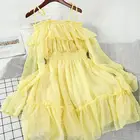 Pleated Word Shoulder Flounced Ruffled Women Waist Slimming Pleated Flared Sleeve Elegant Chiffon Dress