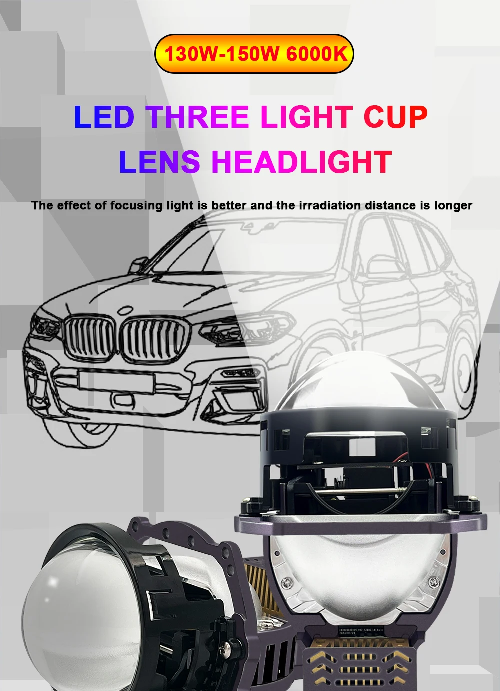 TECH-KING 汽车大灯 75W 3.0 英寸 Bi-LED 投影仪镜头 6000K,用于汽车大灯改装双 LED 大灯投影仪镜头