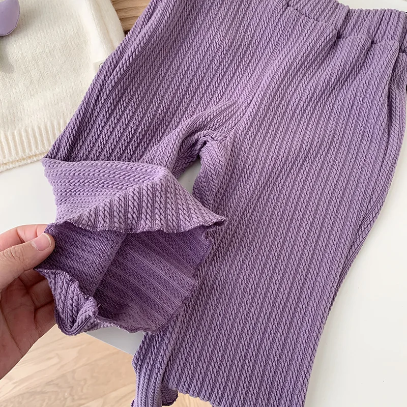 Girls Sweaters Knitting Vest Purple T-shirt Wide-leg Pants Girls Clothing Sets Sweet Contrast Color Girls Sets Clothing Boutique