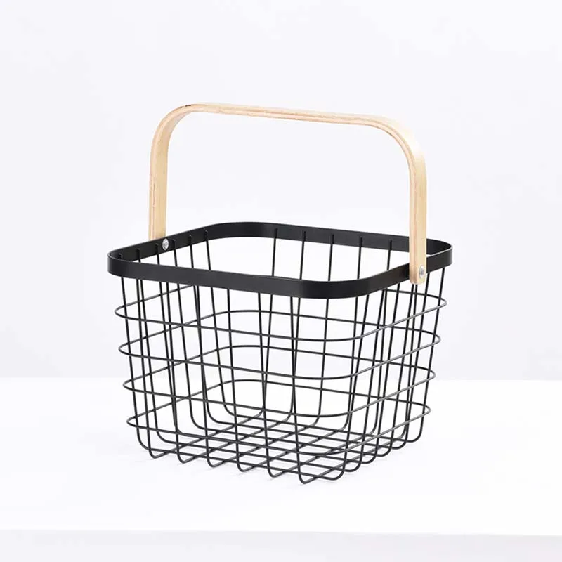 Creative Kitchen Storage Metal Wire Fruit Basket with Wooden Handle