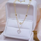 14k Real Ins Luxury 14k Real Gold Cubic Heart Necklace Double Layer Clavicle Chain Heart Pendant Necklace