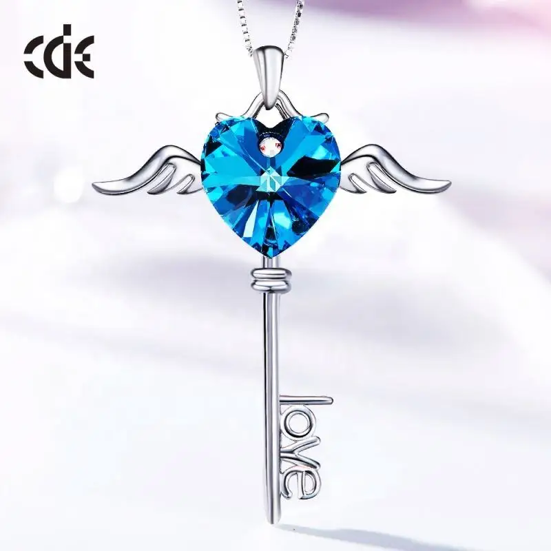 CDE YP1086 Fine Jewelry 925 Sterling Silver Women Necklace Wholesale Wings Of Heart Crystal Key Pendant Necklace