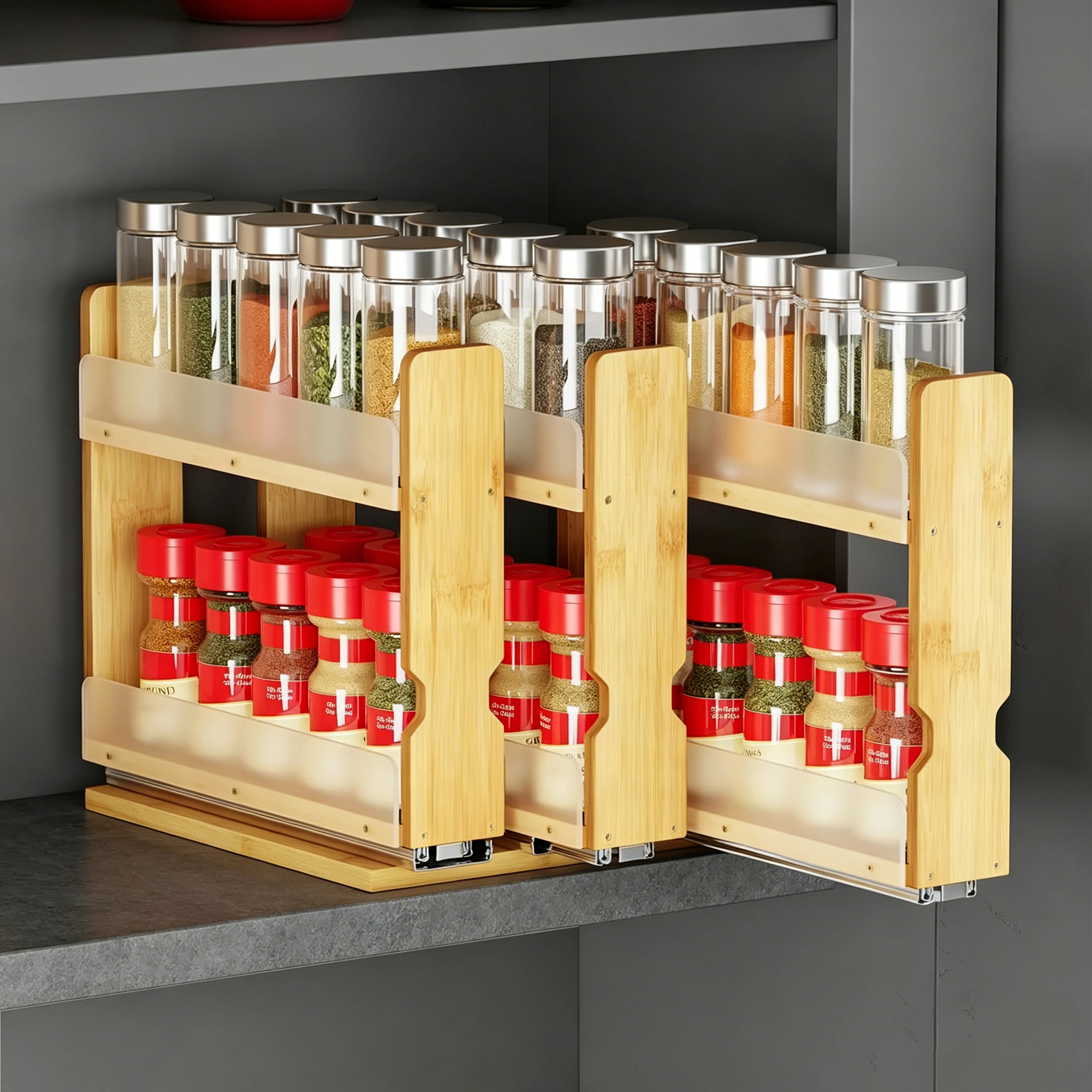 product bamboo pull out spice rack 3 drawers 2 tier eco friendly kitchen seasoning cabinet organizer space saving storage for kitchen494-6