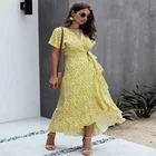 Skirt Summer Beach Sweet Dress Bohemian Long Skirt V-neck Lotus Leaf Short Sleeve Dress