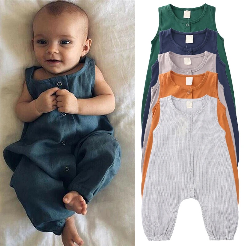 manufacturer Hot Sale Cotton And linen Jumpsuit Baby Romper Jumpsuit Solid Sleeveless Jumpsuit Baby Romper