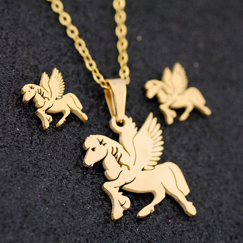 Gold Set Jewellery Dubai Brazilian Plated Sets India Stainless Steel Letters Initial Pegasus Unicorn The Fly Horse Jewelry Set