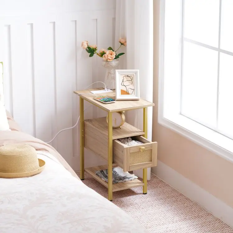 Rattan Beige 1 Drawer Bedside Table Bedroom Furniture Wooden Narrow Nightstand Bedside Cabinet With Charging Station Usb Ports