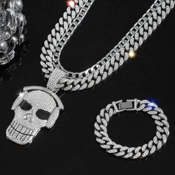 Hip Hop Sunglasses Big Skull Pendant Necklace Bracelet New Style Layered Chain Gold Silver Color Necklace Jewelry Sets