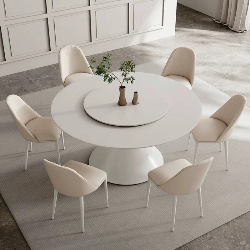 Light Luxury Pure White Sintered Stone Dinning Table Set For 6 With Turntable Round Carbon Steel Restaurant Hotel Dining Table