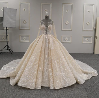 Vintage illusion back style wedding dress gorgeous beaded bridal gown with long sleeve