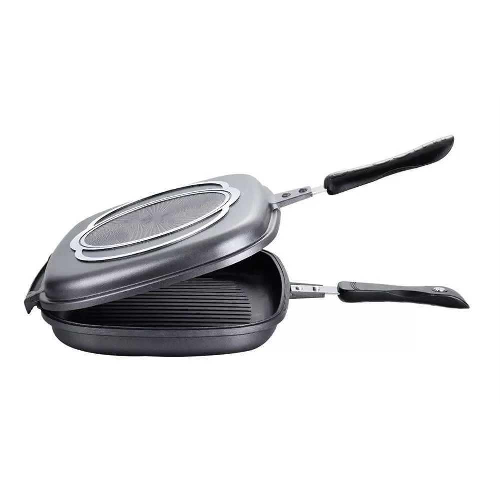 Double Side Grilled Pan, Non Stick Aluminium Double Grill Pan Sandwich And Panini Maker Fry Pan for Barbecue Chicken and Fish