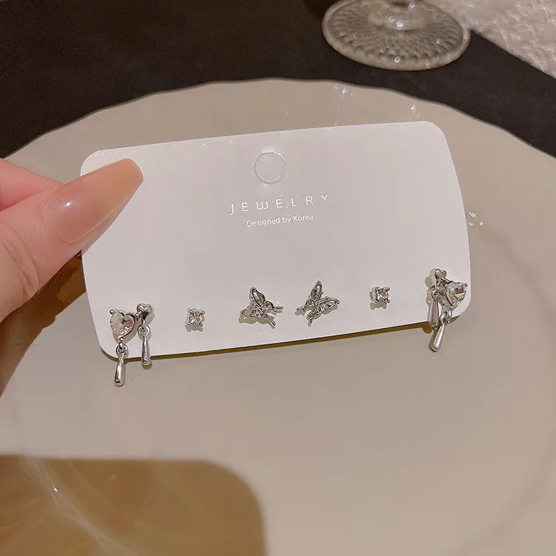 S925 sterling silver luxury simple niche personalized rhinestone butterfly heart earrings set women