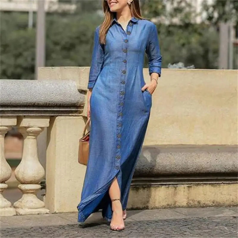 Woman Plus Size Autumn New Casual Long Denim Dress Women's Fashion Solid New Lapel Pocket Button Shirt Dresses supplier