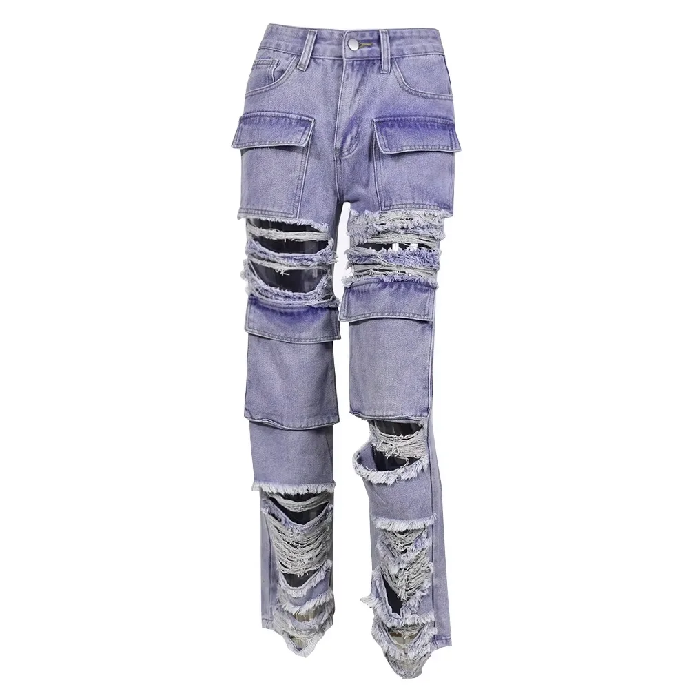 Fashion Pocket Stitching Hollowed-Out Hole Beggar Style Street Casual Straight High Waist Jeans manufacture