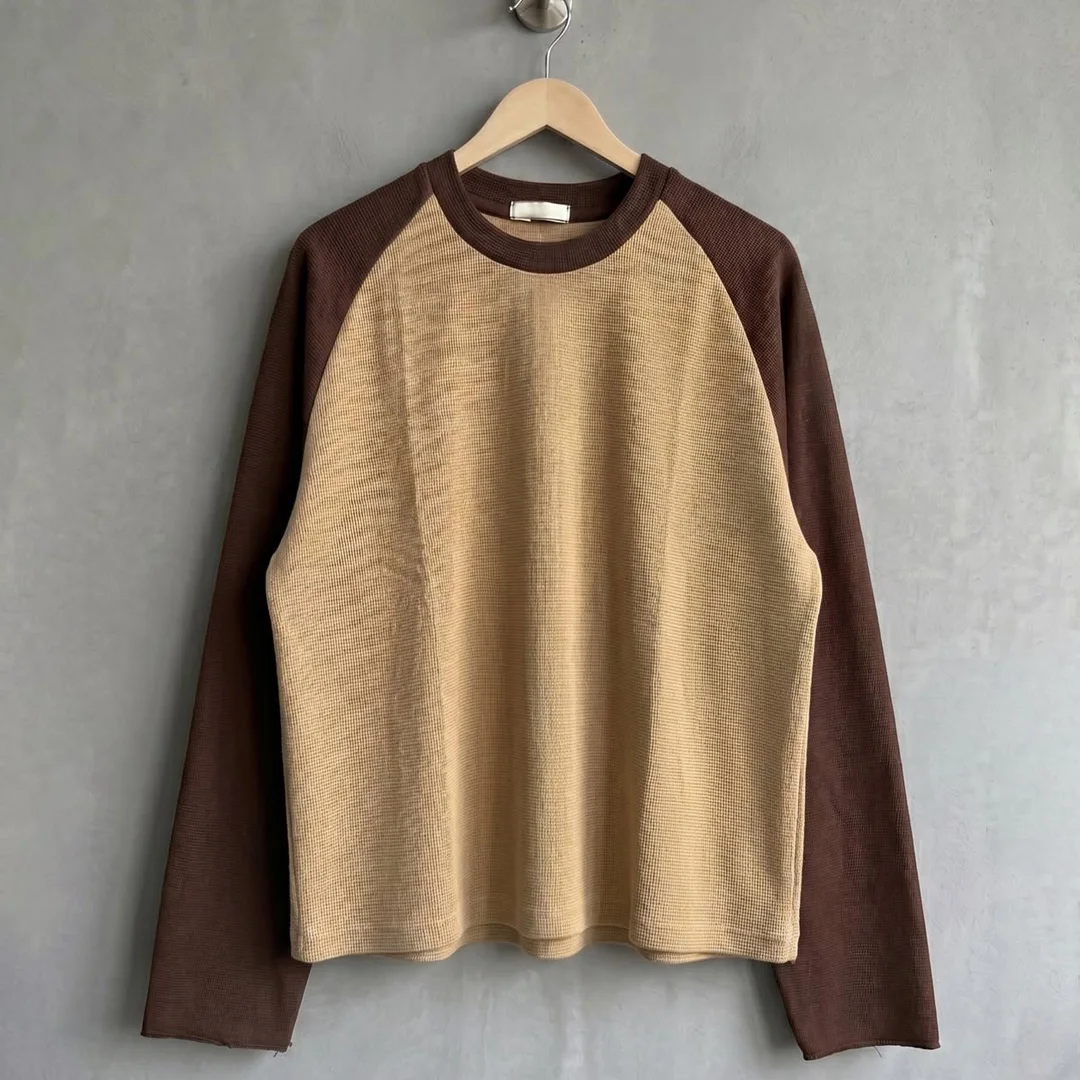 product custom premium knit fabric mens waffle raglan blank solid color long sleeve t shirt loose boxy streetwear casual tee-5