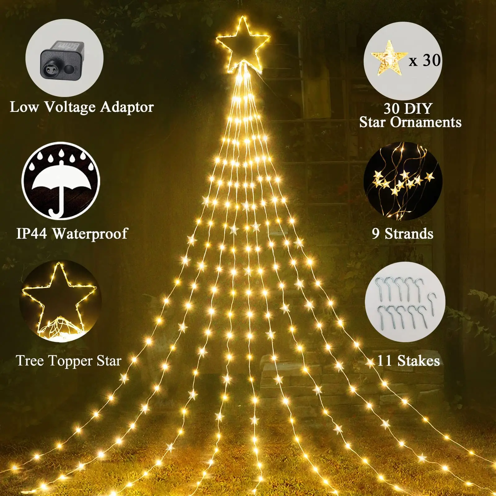 8 Modes Waterfall Star Fairy String Lights For Outside Yard Patio