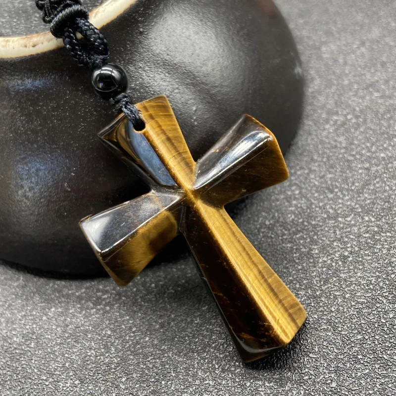 Jade Cross Pendant Men Necklace Meditation Jewelry Natural Stone Frosted Black Onyx Catholic