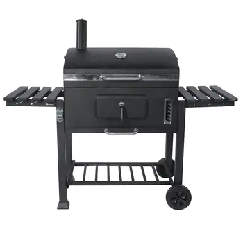 Square Trolley Cast Iron Grill Smoker with Chimney Charcoal Barbecue with Lid
