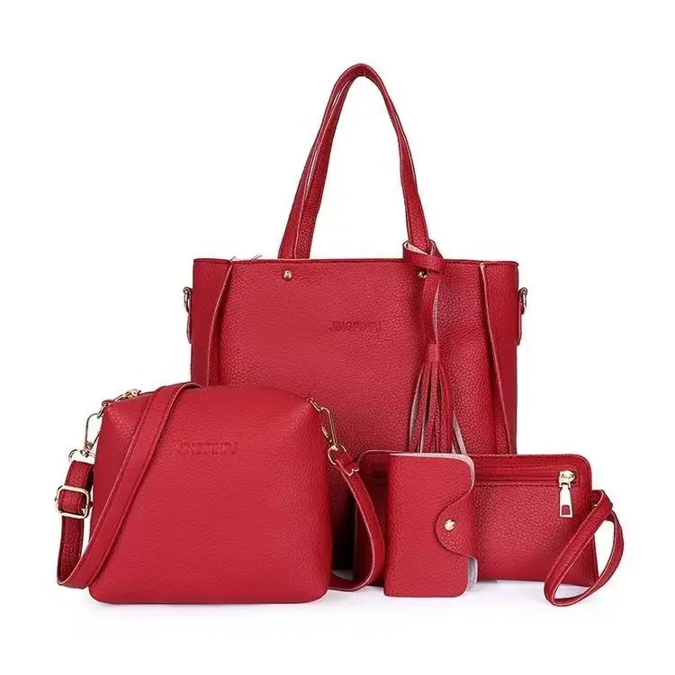 4pcs/set Women Litchi-patterned messenger bag storage super bag Travel Large Cosmetic Bag Solid Color Female Pouch Necessaries