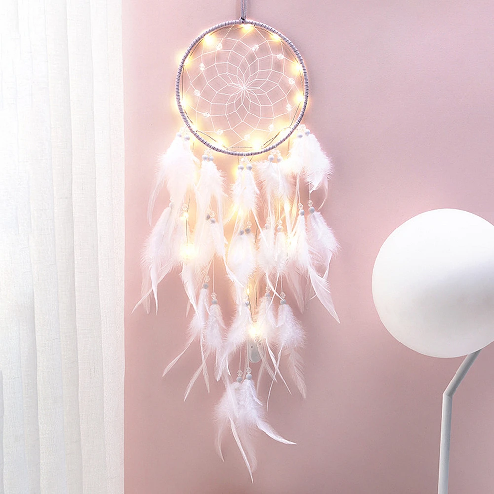 LED Handmade Dream Catcher White Feathers Lantern Dreamcatcher Hanging Decor 