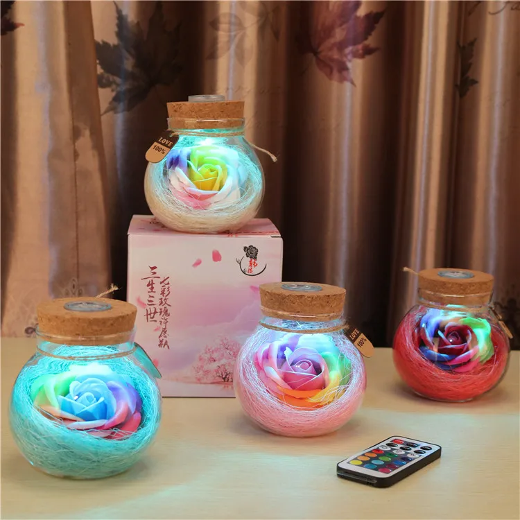 DD438 Valentine's Day Girls Gift LED Lamp In Glass  Wishing Bottle Artificial Flower Infinity Soap Rose Home Decoration