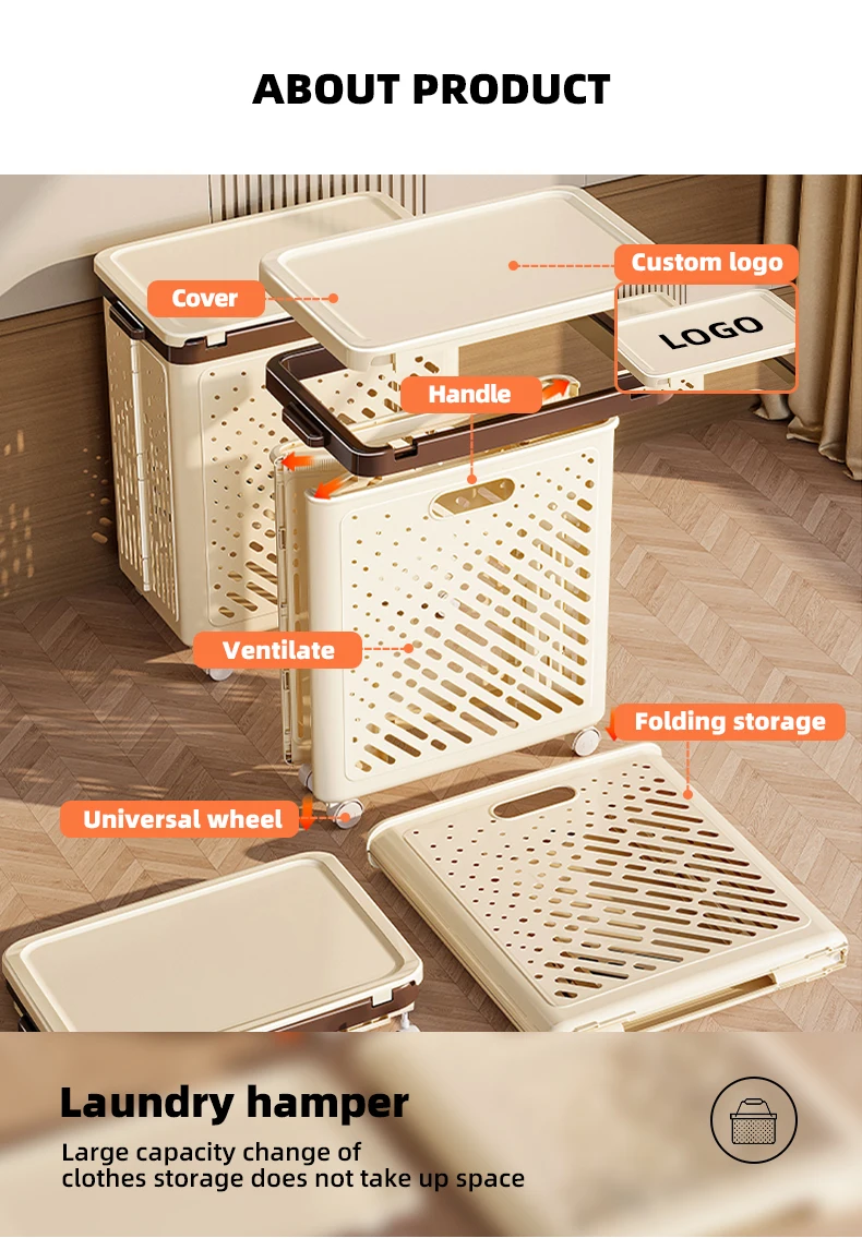Wannuo 80L Large Capacity Laundry Basket Bathroom Breathable Plastic Collapsible Laundry Basket With Universal Wheel And Cover manufacture
