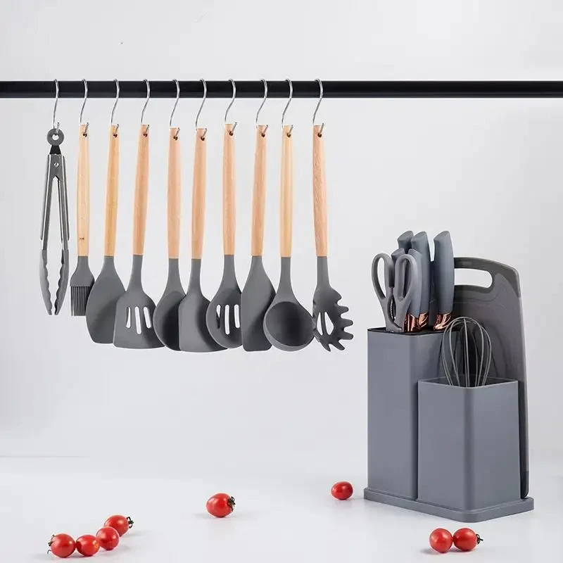 19-piece Set Of Silica Gel Kitchen Utensil Set With Wooden Handle And Cuttings Board Storage Bucket Kitchen Gadget Set