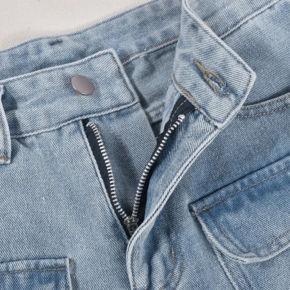 Fashion Pocket Stitching Hollowed-Out Hole Beggar Style Street Casual Straight High Waist Jeans details