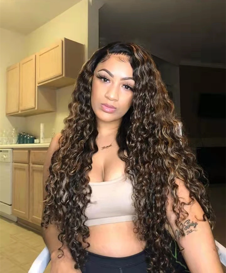 Allure Romance Long Curly Wig Highlights Dark Brown Human Virgin Hair 13*4  Lace Front Wigs For Black Women - Buy Highlights Dark Brown Deep Curly 13*4  Lace Front Wig,Raw Virgin Hair Wigs