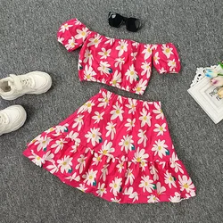 2023 fashion printing design boutique kids clothing outfits one-line shoulder shirt toddler girls summer clothes skirt sets