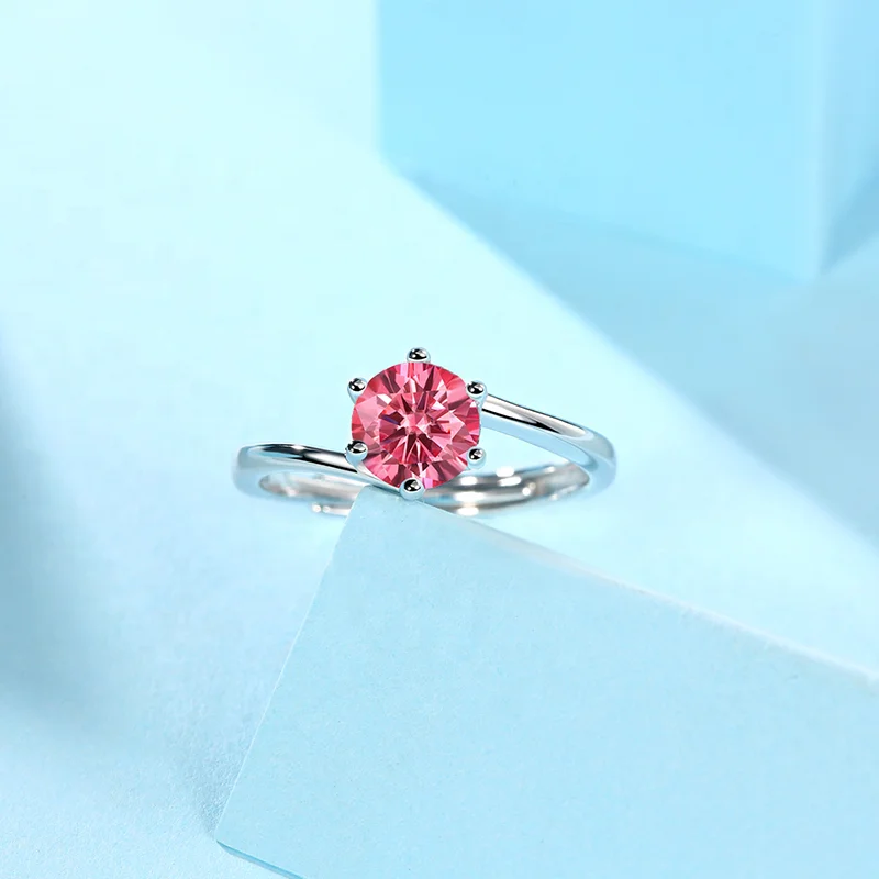 HMOIS factory price adjustable crystal ring S925 silver pink diamond round moissanite engagement ring