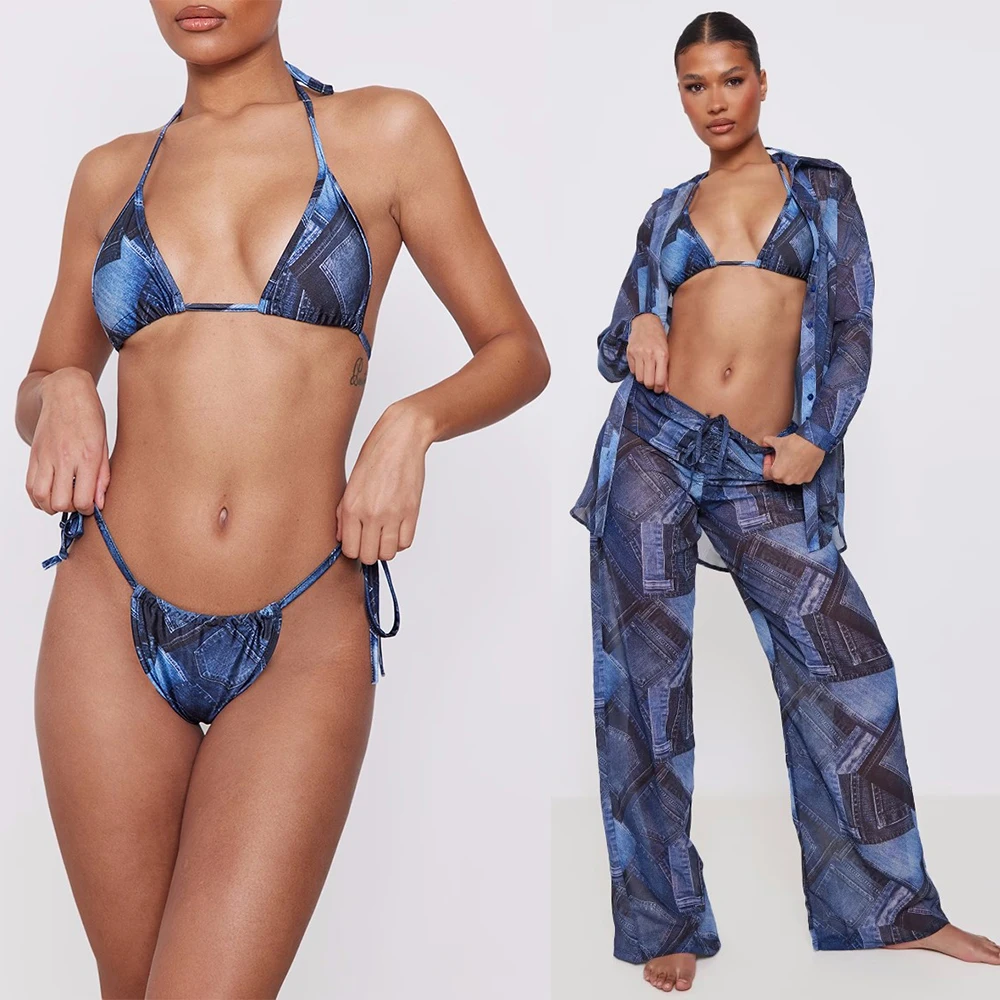 Women Hot 4pcs Floral Print Bandage Swimwear Swimsuit Bikini with Cover Up Dress blue Swim Bathing Suit Beach Wear