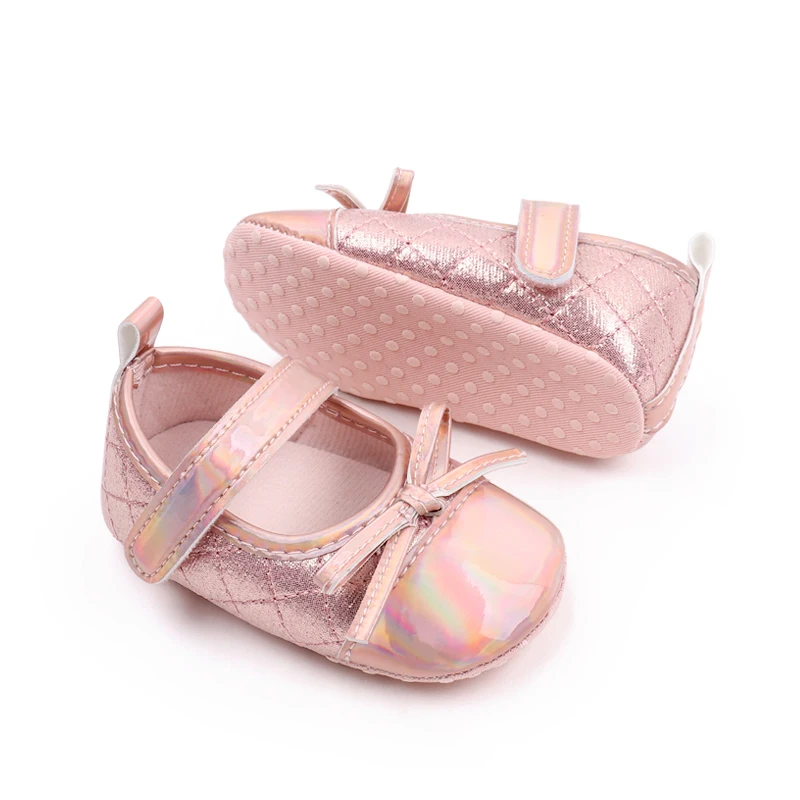 New Spring and Autumn Bright Face Diamond Check Bow Soft Soled Baby Shoes for Girls details