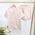 Silk Pajamas Solid Silk Short Sleeve Short Bottom Women Pajamas Summer Cool Saint Women Night Sleepwear